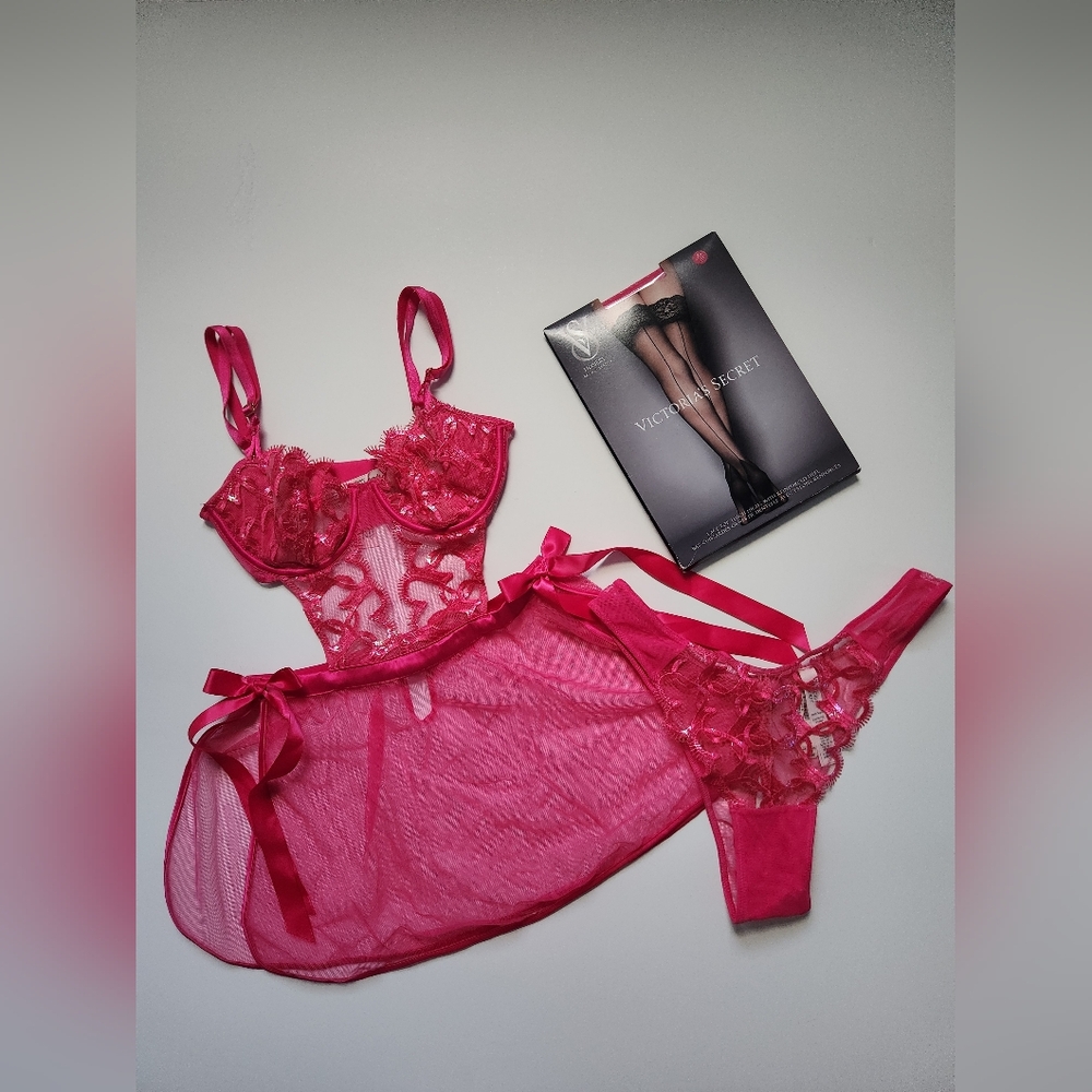 Victoria's Secret Dream Angels Pink Wicked Shimmer Heart Embroidery XS/S NWT